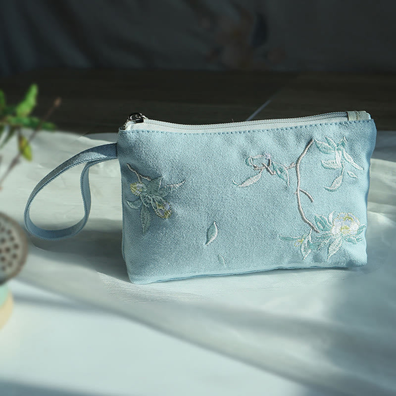 Canvas Wallet with Plum Cherry Crane Embroidery | Compact 21x13cm