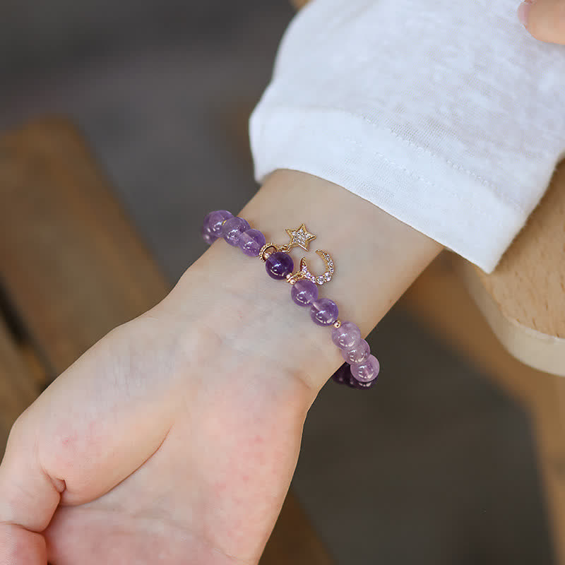 Amethyst Crystal Moon Star Healing Bracelet 7.5-8mm