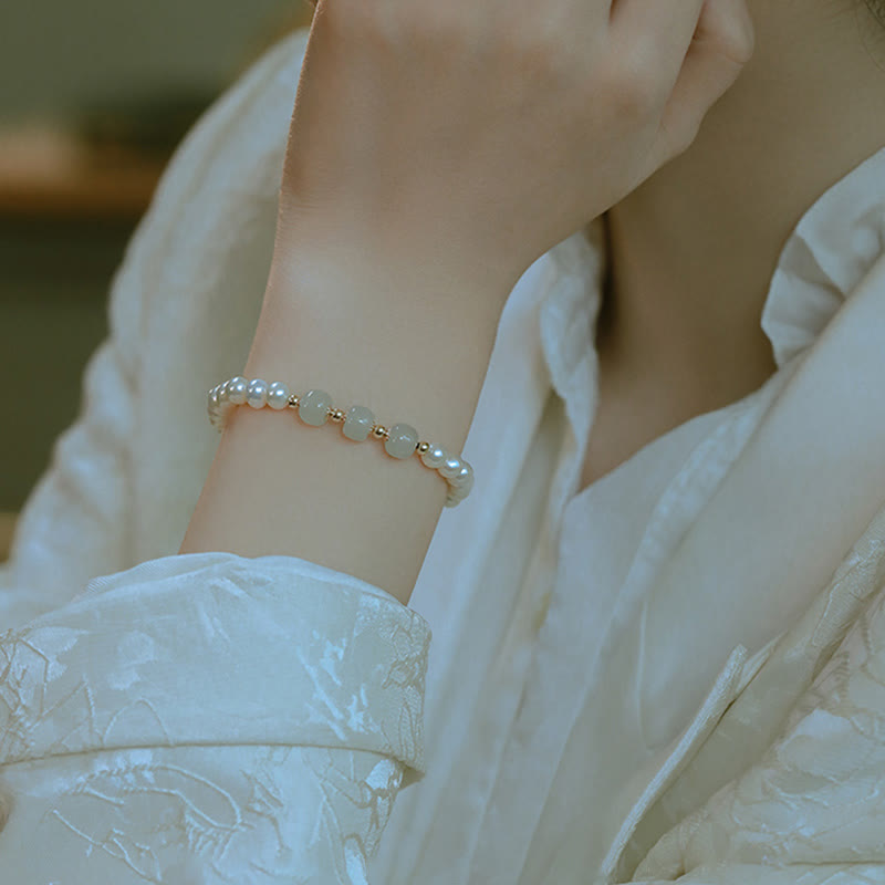 14K Gold Plated Pearl Hetian Jade Bead Bracelet for Harmony