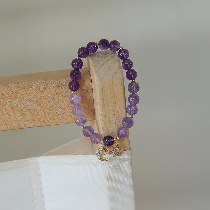 Amethyst Crystal Moon Star Healing Bracelet 7.5-8mm