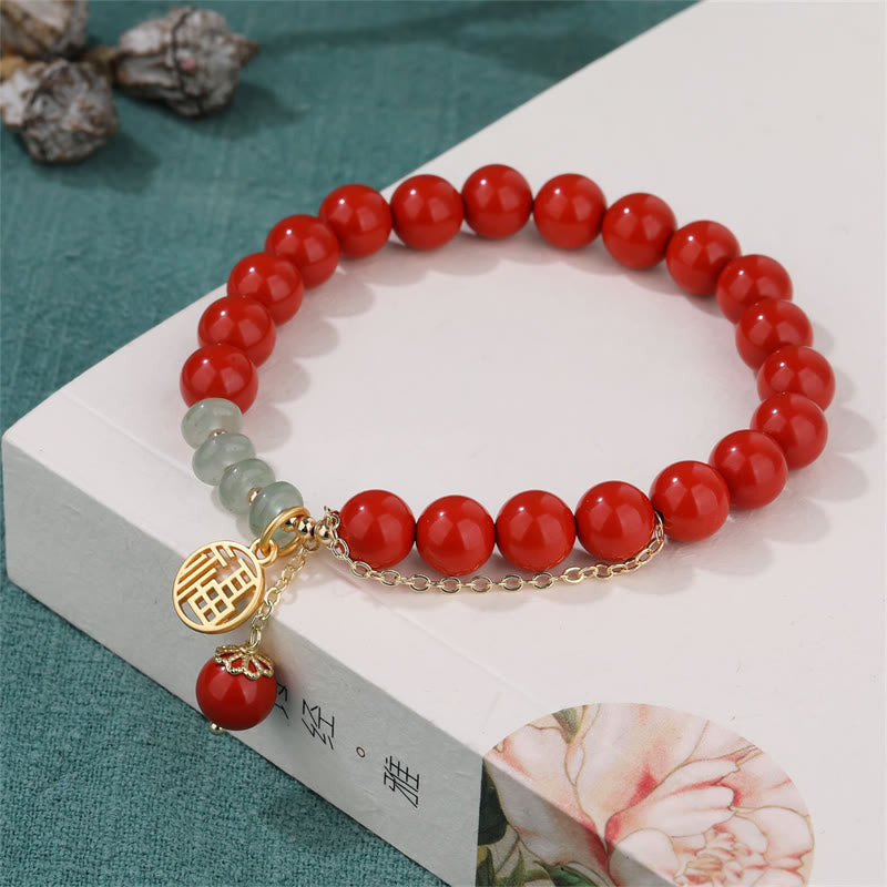 8mm Jade Bracelet with Cinnabar & Fu Character Symbol