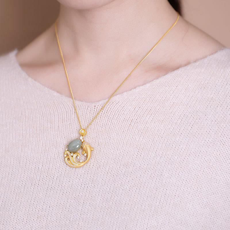 Cyan Jade Koi Fish Healing Necklace 40+5cm Unisex