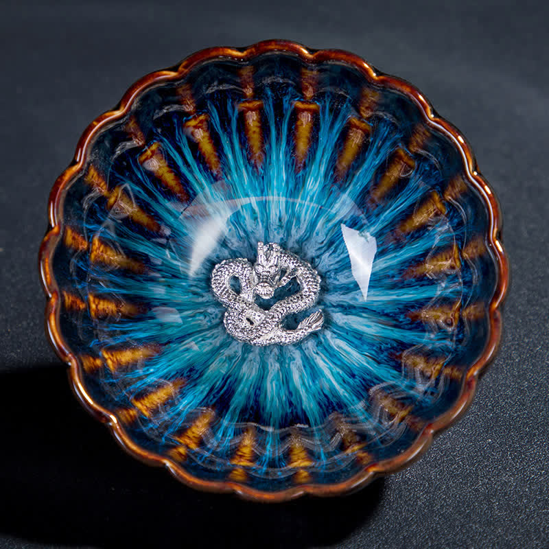 130ml Lotus Dragon Ceramic Tea Cup with Auspicious Inlaid Art