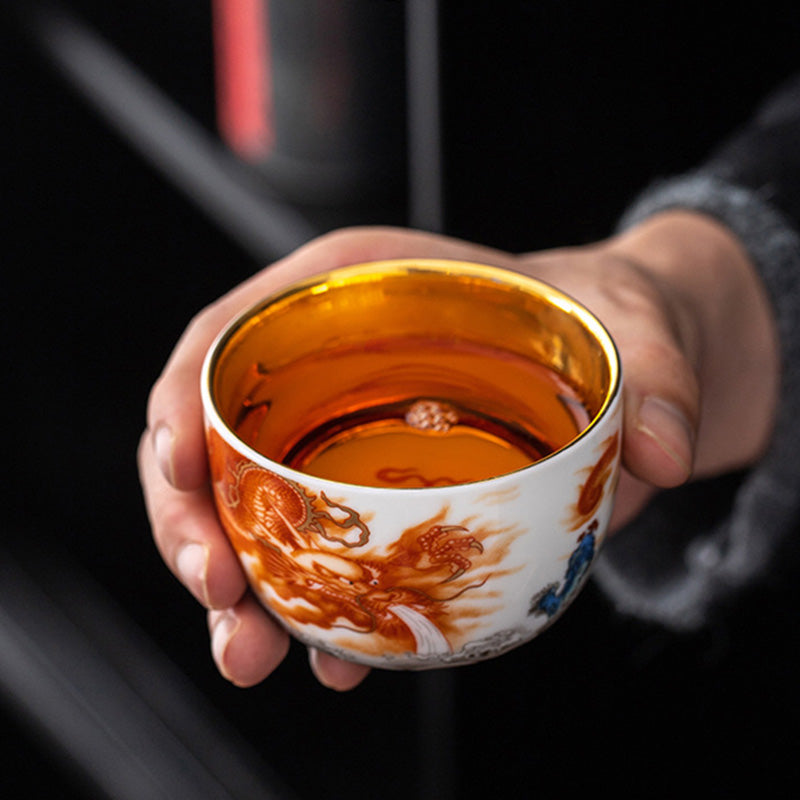 Gilt Ceramic Dragon Phoenix Crane Teacup 170ml Spiritual