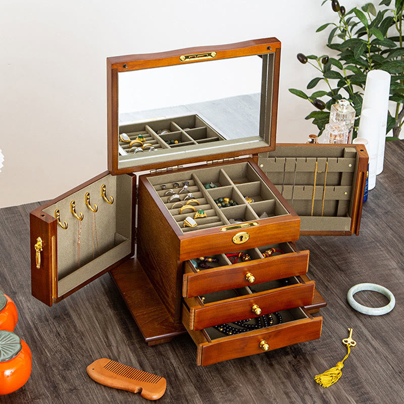 Large Vintage Wooden Jewelry Box with Mirror | Healing Sounds