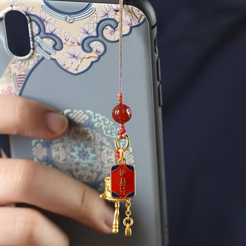 Om Mani Padme Hum Prayer Wheel Amulet in Red Agate with Copper Protection Charm