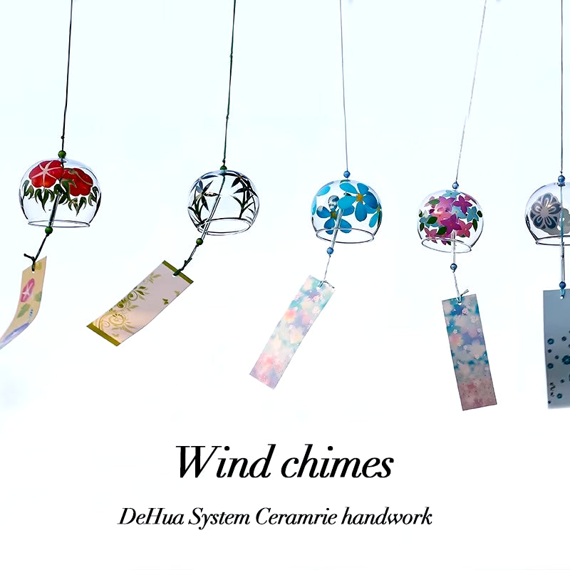 Decorative Japanese Glass Wind Chimes with painted patterns and paper tags for outdoor decor