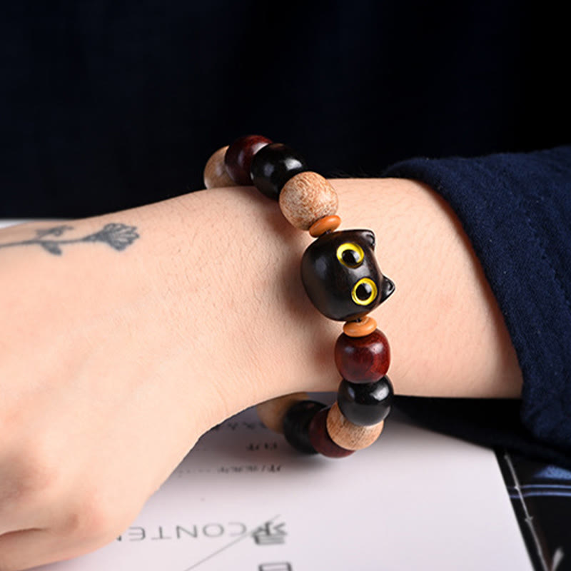 Ebony Wood Protection Bracelet with Small Leaf Red Sandalwood Cat Charm