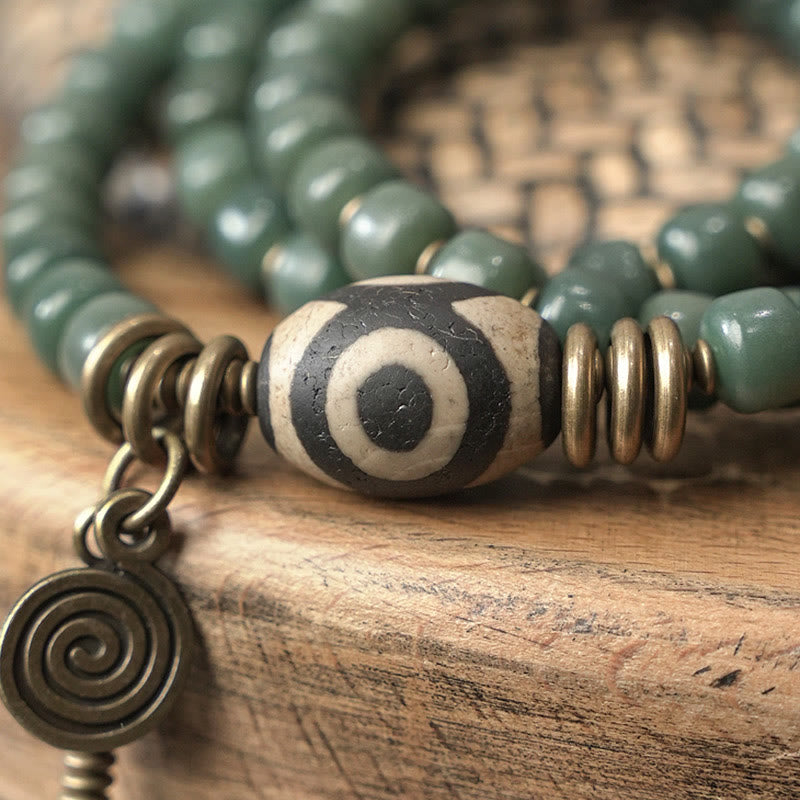 Unisex Cyan Bodhi Seed Dzi Bead Triple Wrap Bracelet