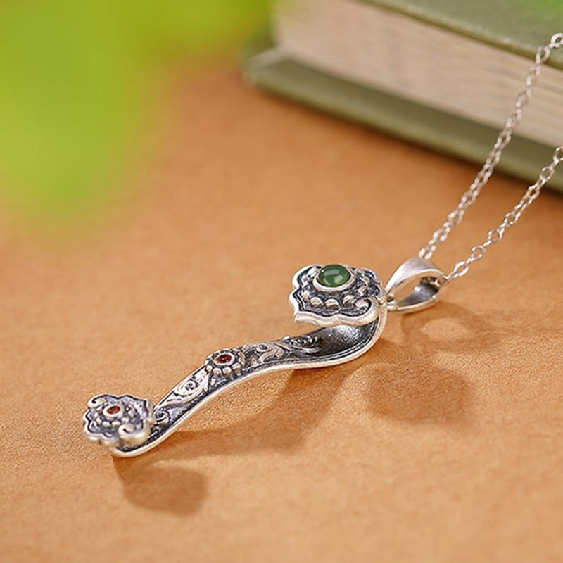 925 Sterling Silver Jade Necklace with Ruyi Handle for Blessings