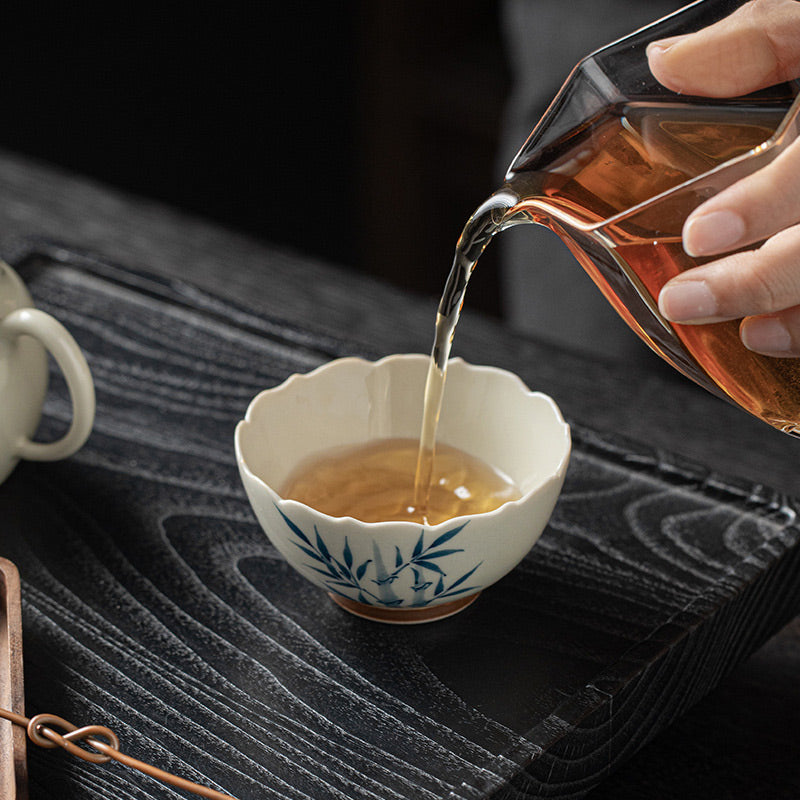 Small Blue Bamboo Leaves Ceramic Teacup for Kung Fu Tea Rituals