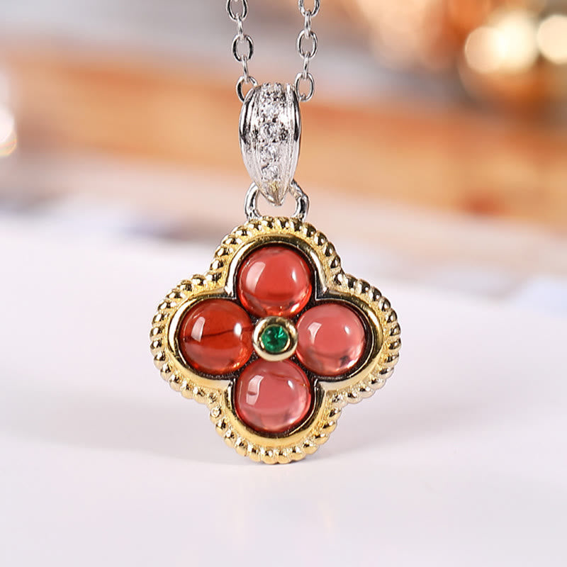 925 Sterling Silver Garnet Four-Leaf Clover Protection Necklace & Ring Set