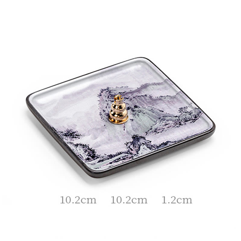 Ceramic Incense Burner Tray with Mountain Lake Flower Leaf Design