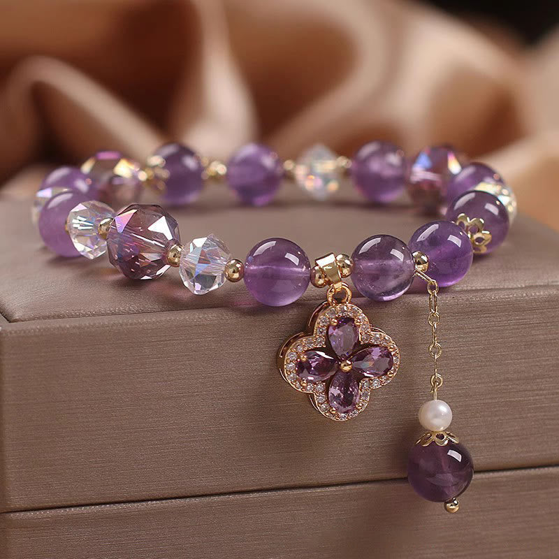 Natural Amethyst Spiritual Healing Bracelet with Four Leaf Clover Charm