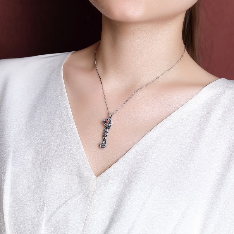 925 Sterling Silver Jade Necklace with Ruyi Handle for Blessings