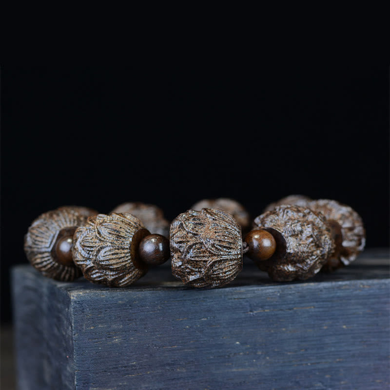 Ebony Wood Balance Bracelet with Lotus Dragon & Arhats