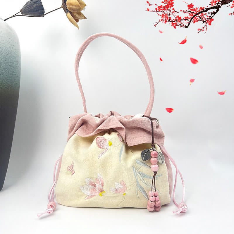 Cotton Linen Tote Bag with Spiritual Lotus Embroidery 20cm
