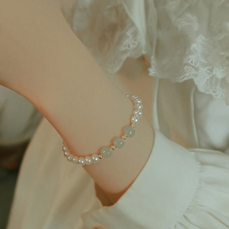 14K Gold Plated Pearl Hetian Jade Bead Bracelet for Harmony