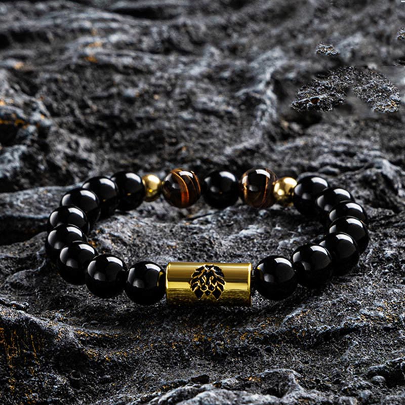 Black Onyx Tiger Eye Protection Bracelet with Lion Bead