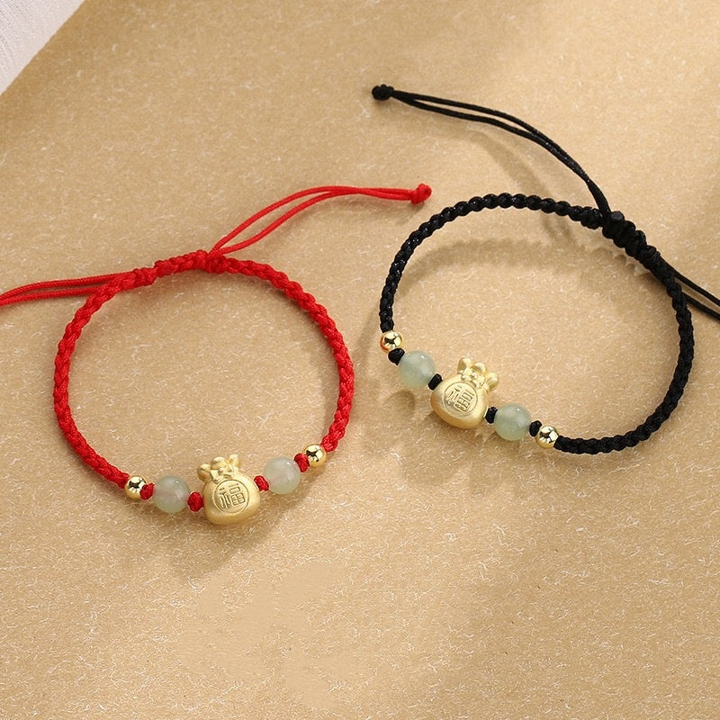 Fu Character Lucky Jade Bead Braided Unisex Bracelet