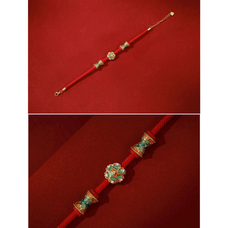 925 Sterling Silver Lotus Drum Bracelet with Red Rope | New Beginnings