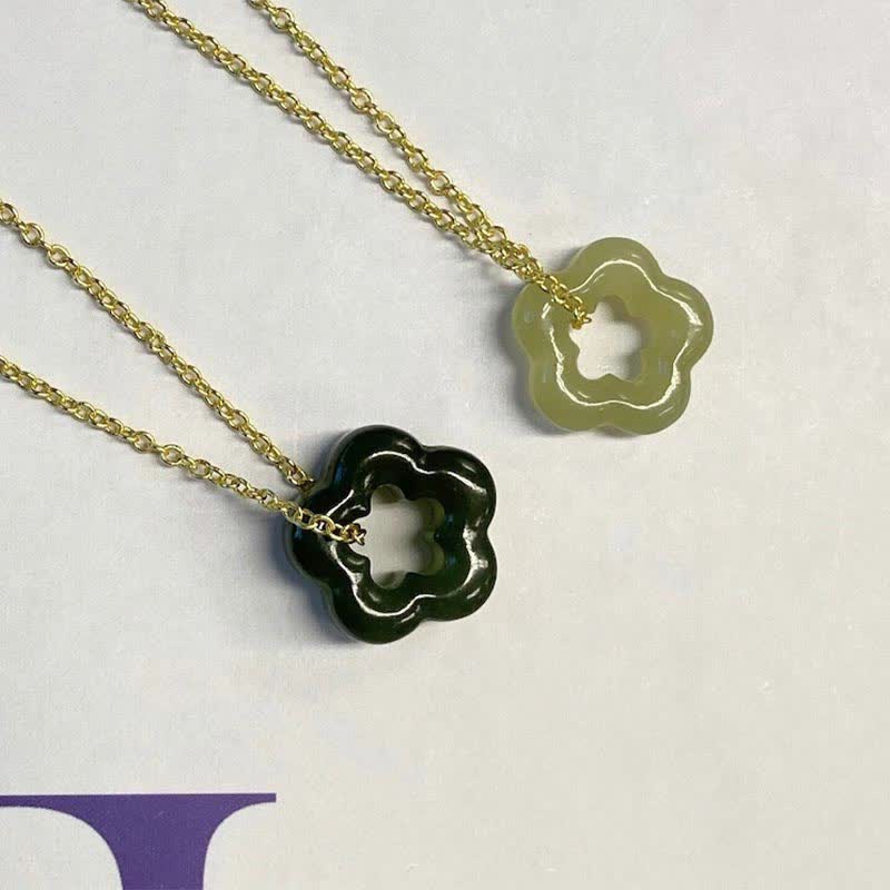 Dainty Cyan Hetian Jade Luck Floral Necklace Pendant
