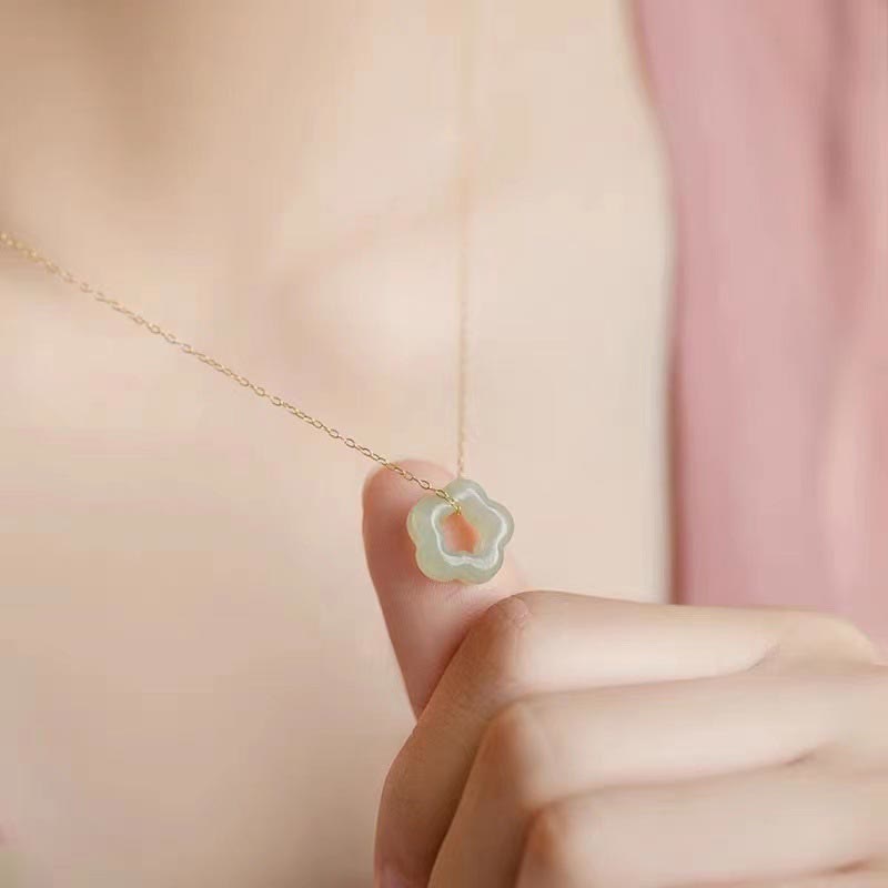 Dainty Cyan Hetian Jade Luck Floral Necklace Pendant