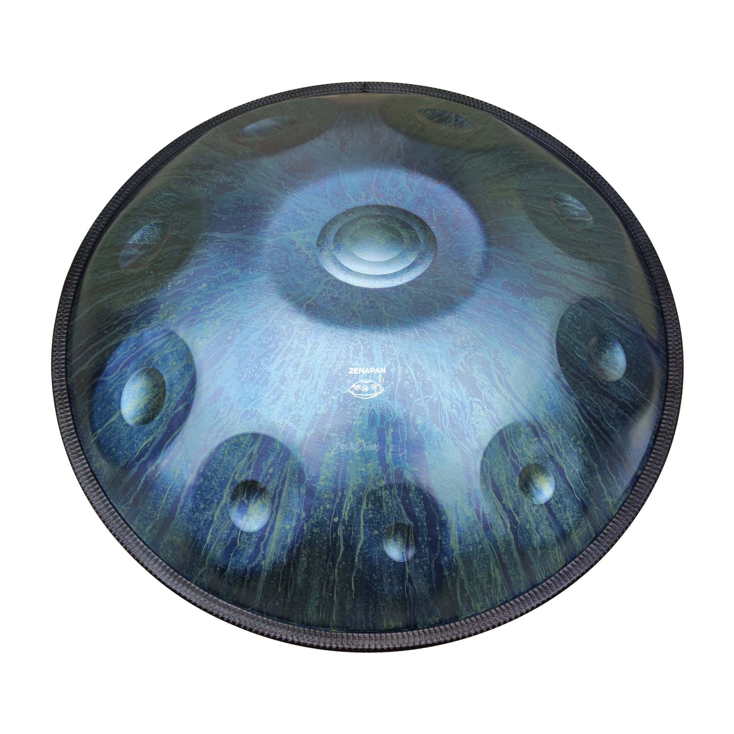 Handpan drum with blue-green finish and tone fields in Dark Blue D Minor design