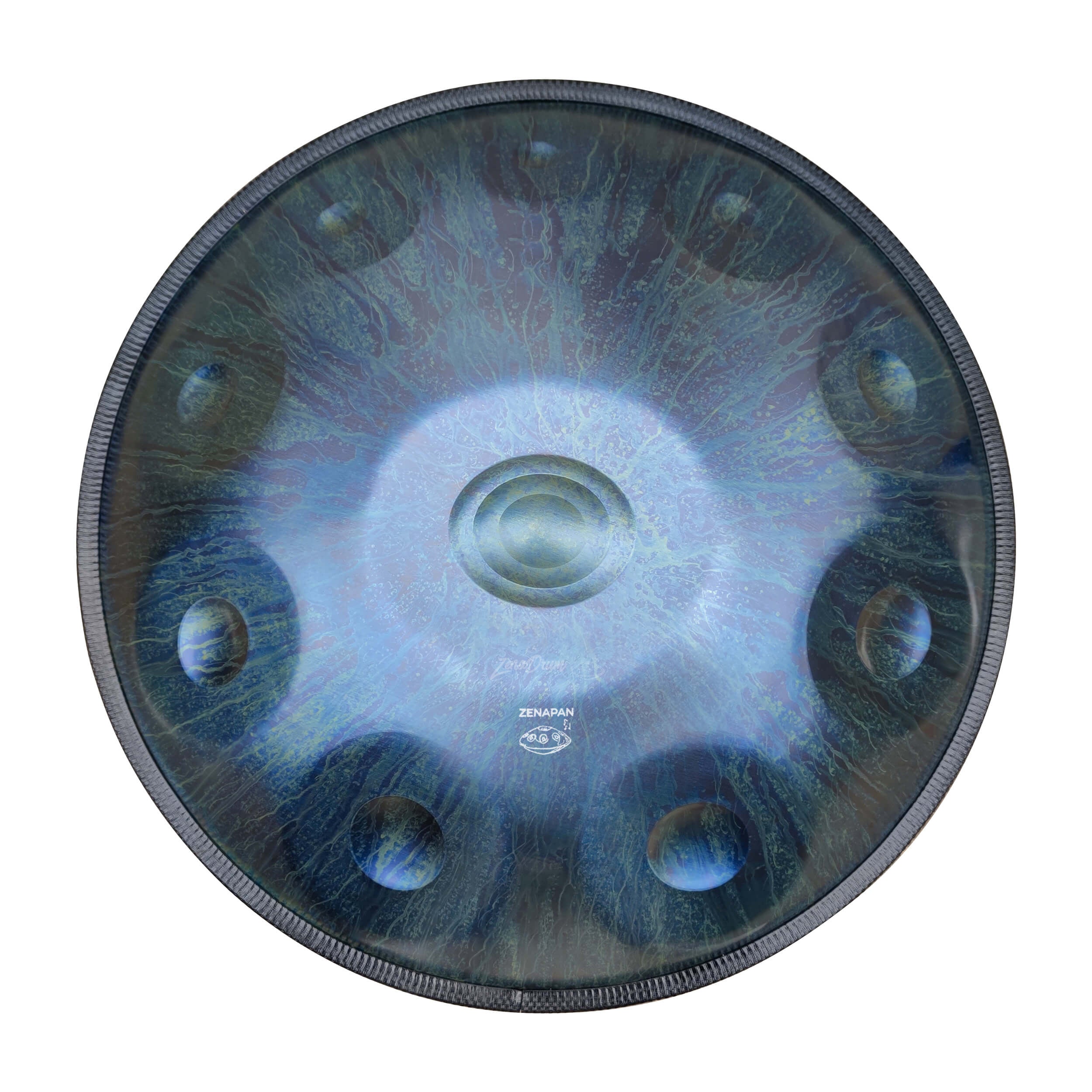 Dark Blue D Minor Handpan Drum with circular tone fields and metallic blue finish