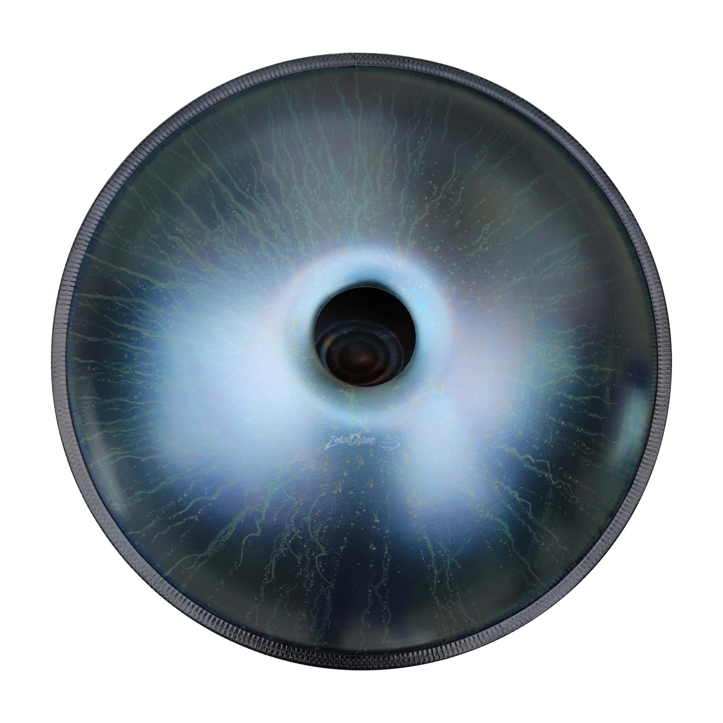 Blue-gray iris with dark central pupil on Dark Blue D Minor Handpan Drum