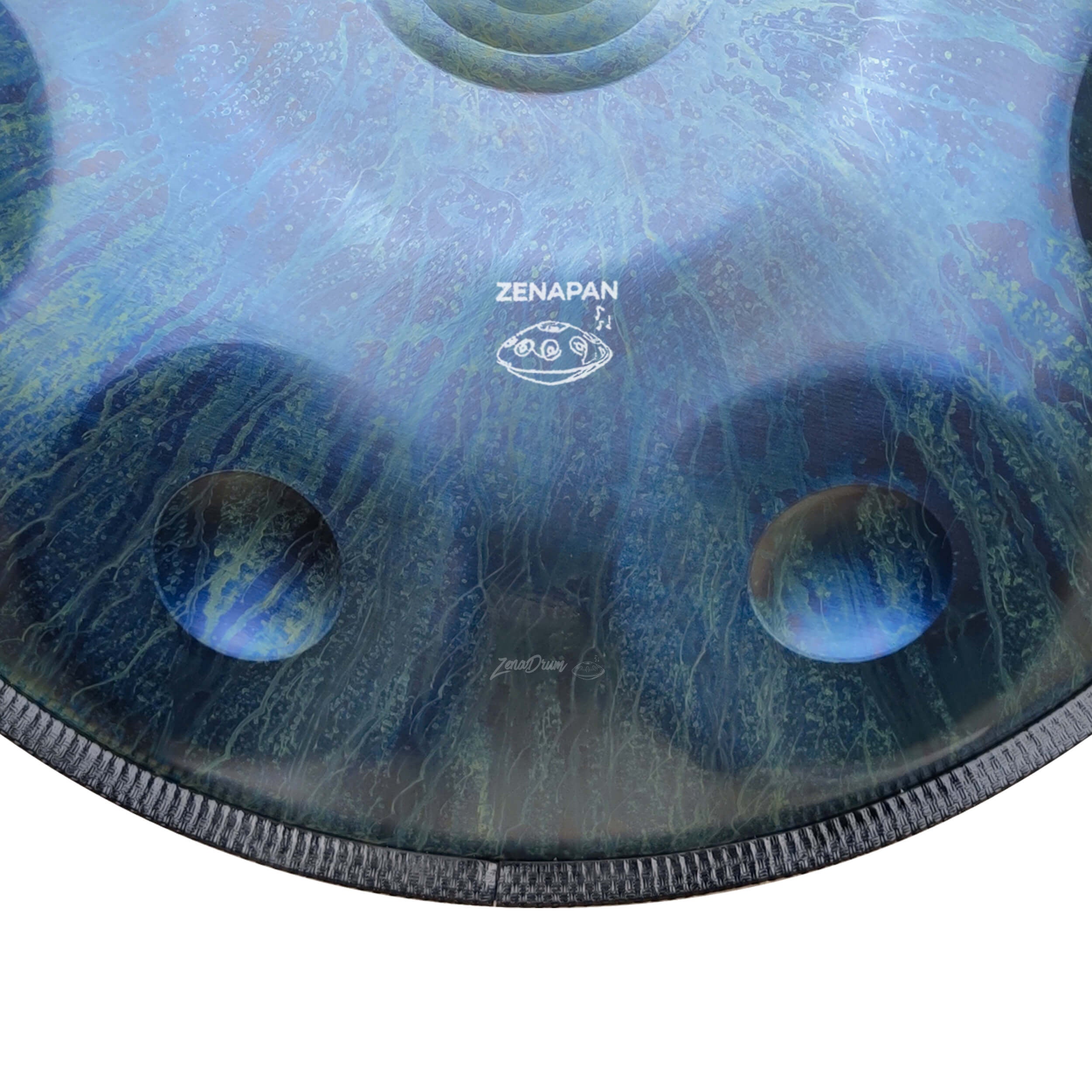 Metallic blue Zenapan handpan drum in D Minor with 9 to 14 notes displayed