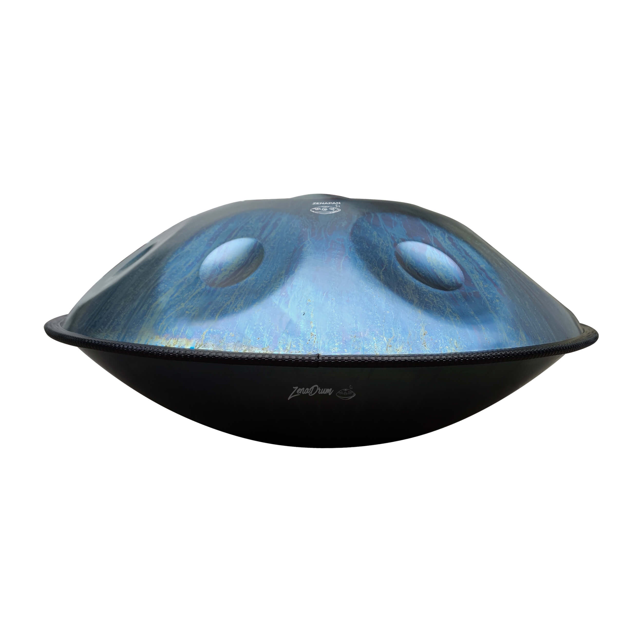 UFO-shaped Dark Blue D Minor Handpan Drum with metallic blue top and black base