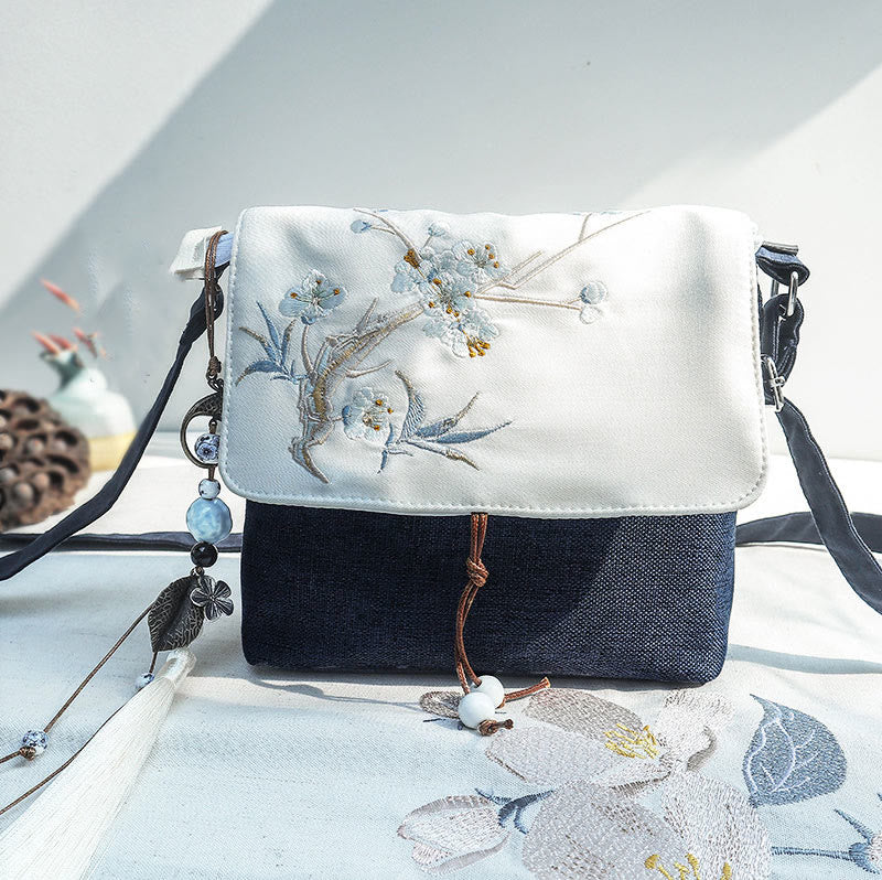 Dark Blue Plum Embroidered Spiritual Accessories Canvas Backpack