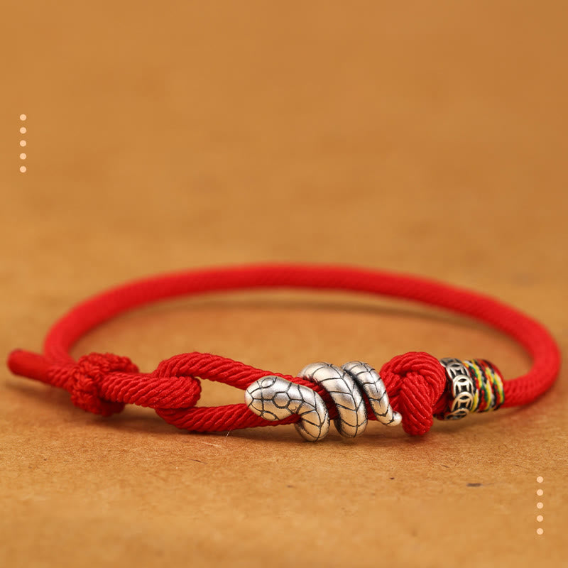 Dark Red 14-17cm Sterling Silver Snake Coin Red String Bracelet