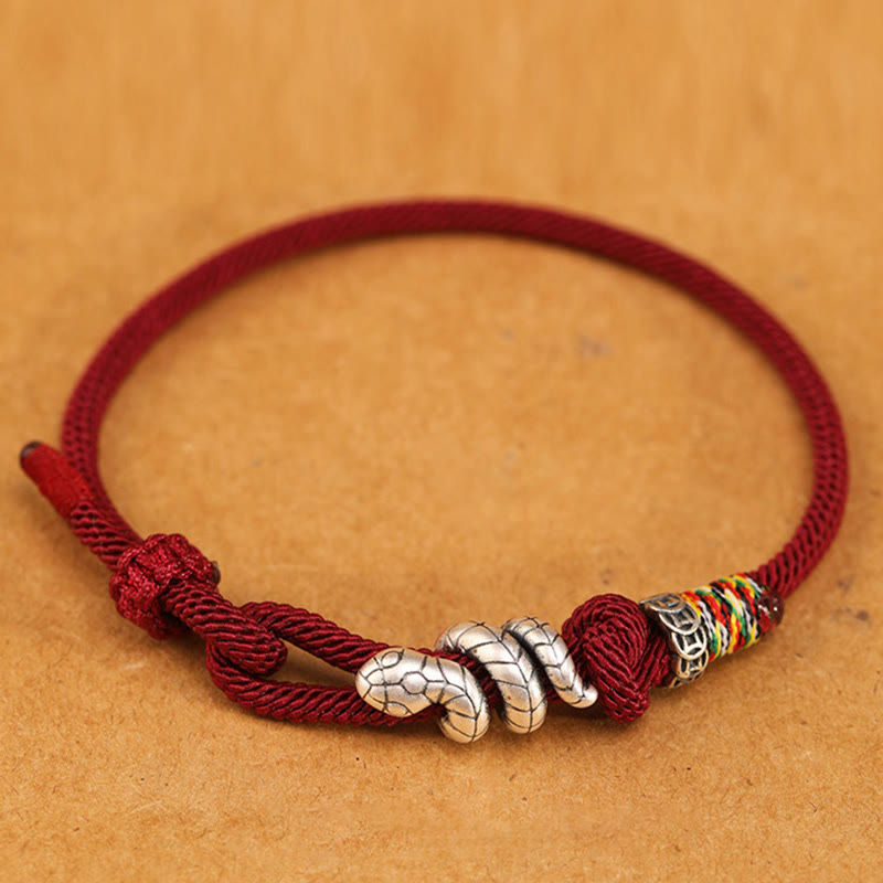 Dark Red 14-17cm Sterling Silver Snake Coin Red String Bracelet