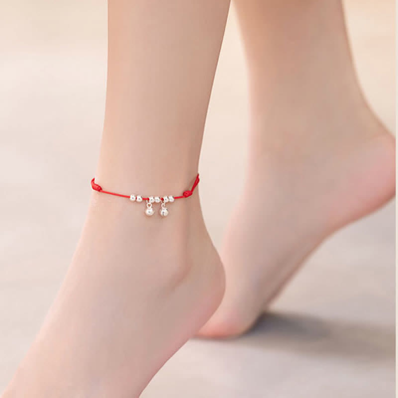 925 Sterling Silver Red String Bell Charm Spiritual Anklet