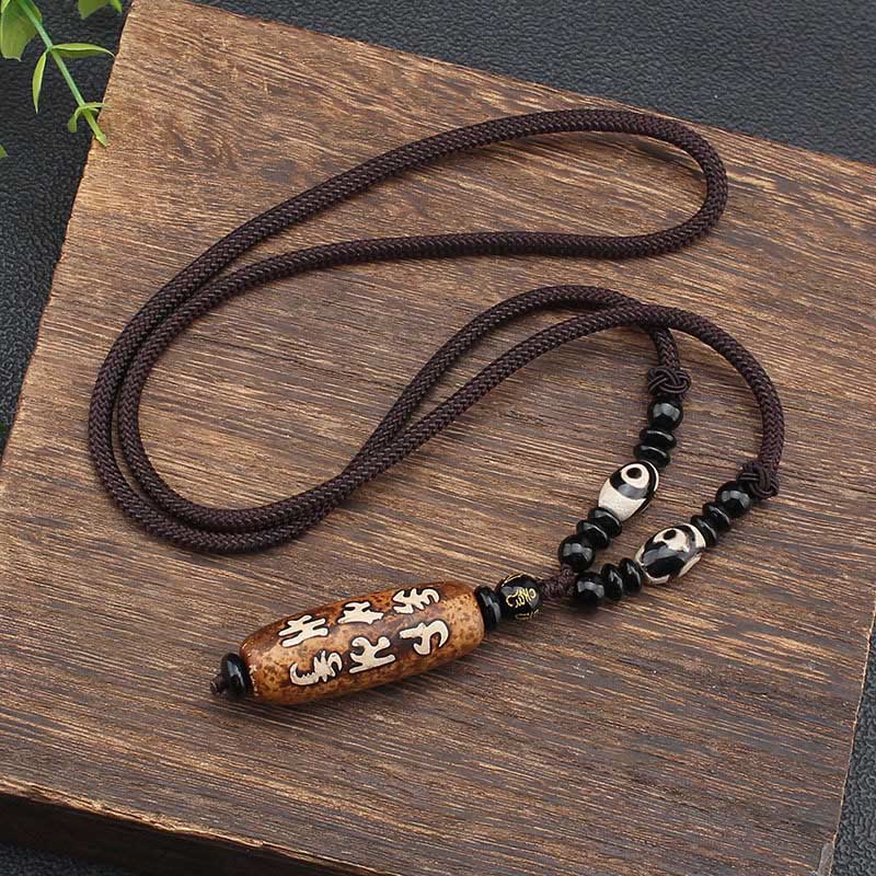 Om Mani Padme Hum Dzi Bead Necklace with Avalokitesvara Pattern