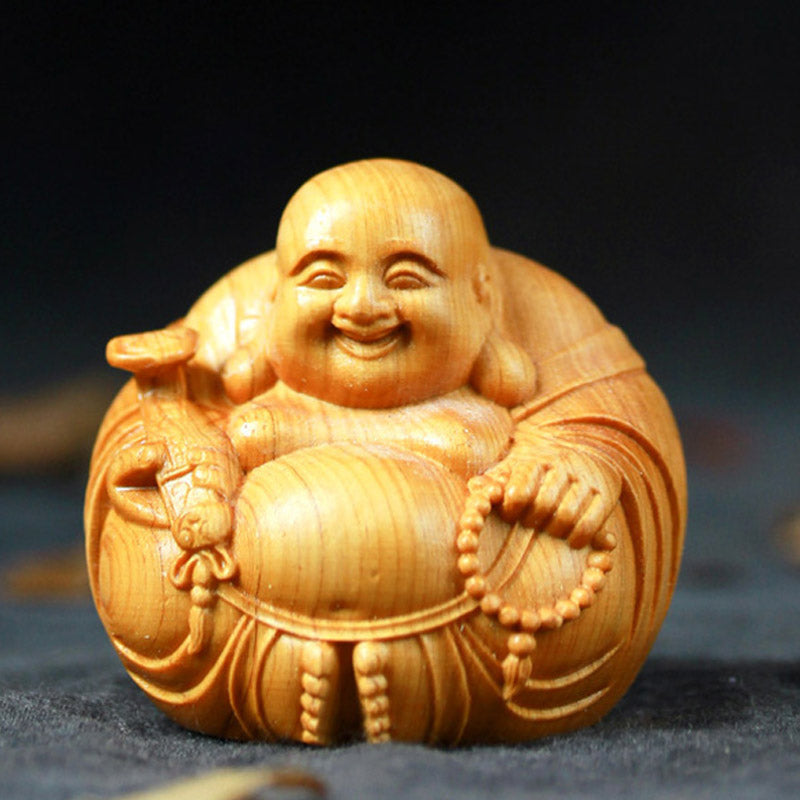 Laughing Buddha Boxwood Compassion Statue 5cm Home & Car Decor