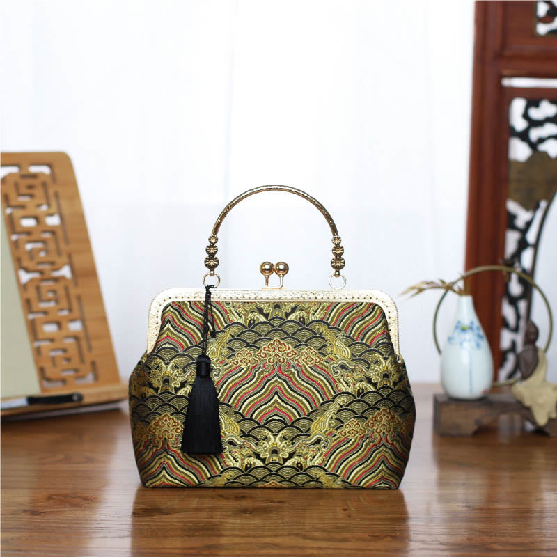 Vintage Flower Butterfly Crane Sea Waves Metal Chain Shoulder Bag