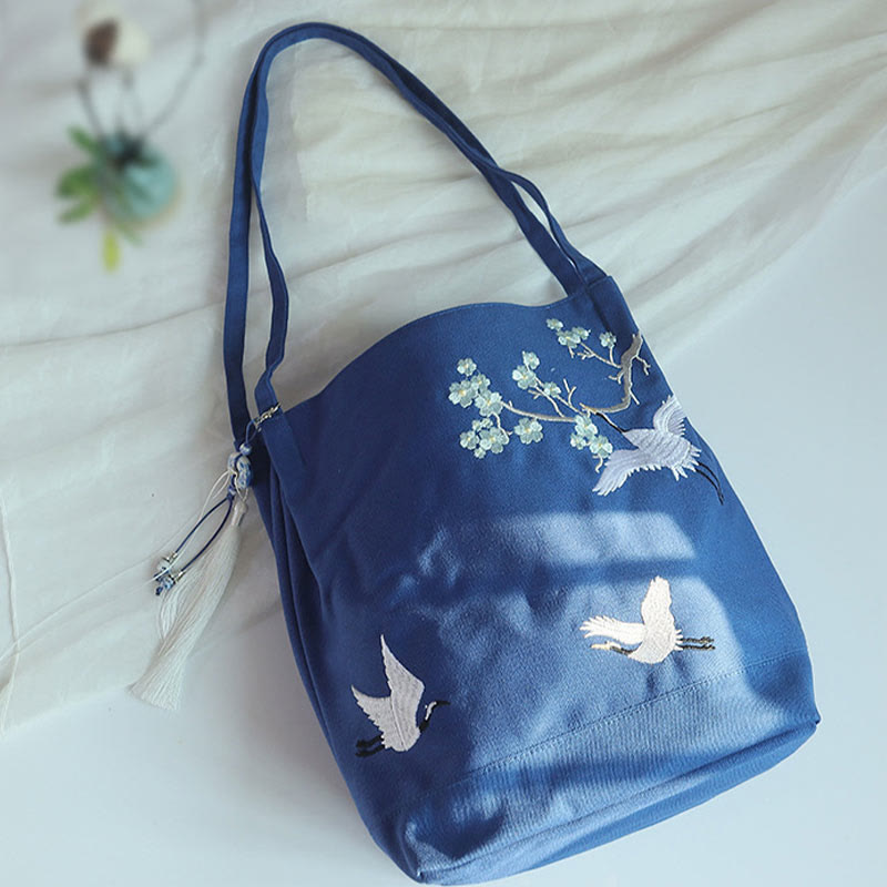 Canvas Tote Bag with Flower Crane & Plum Blossom Embroidery