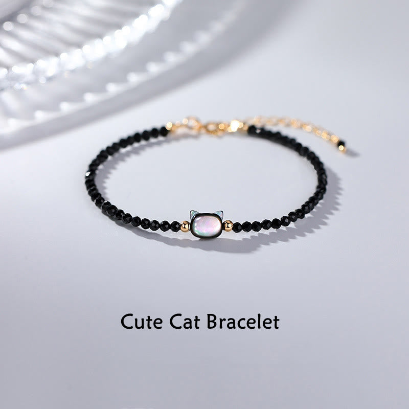 Clear Quartz Bracelet with White Crystal & 14K Gold Plated Healing Cat Charm