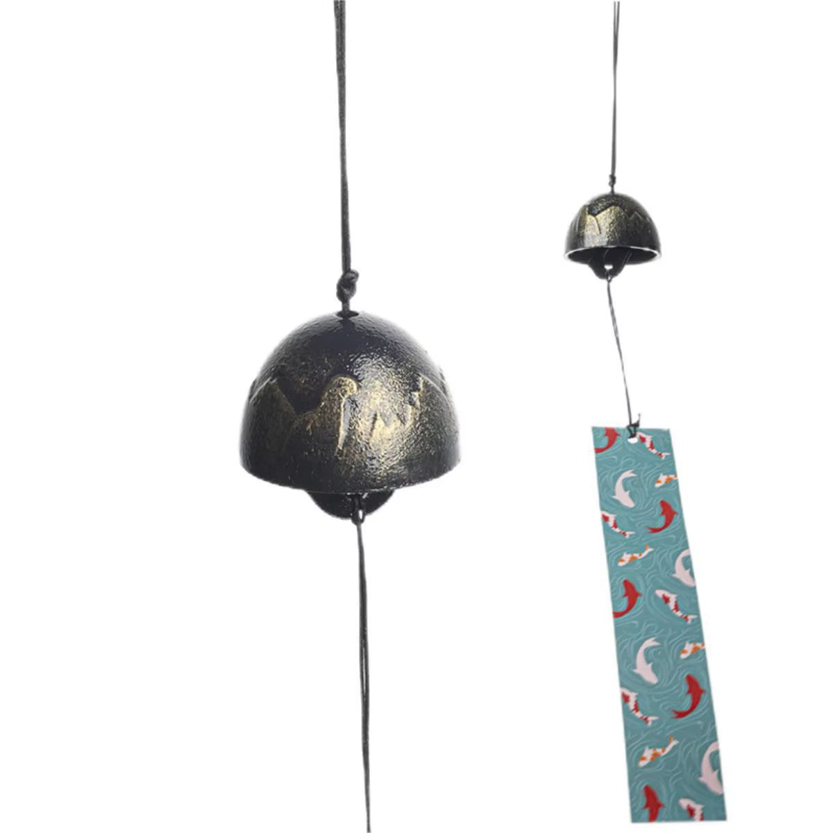 Japanese wind chime furin with black metal bell and teal paper strip for garden decor