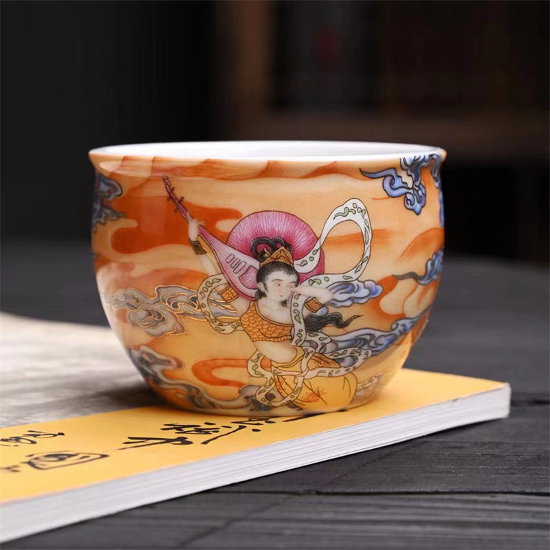 Dunhuang Flying Apsaras Ceramic Tea Cup 100ml Zen Decor