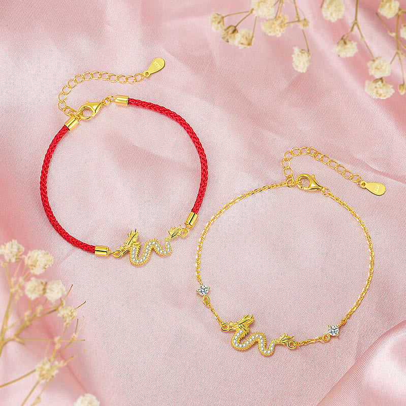 Unisex 925 Sterling Silver Dragon Bracelet with Red Rope & Gold Charm