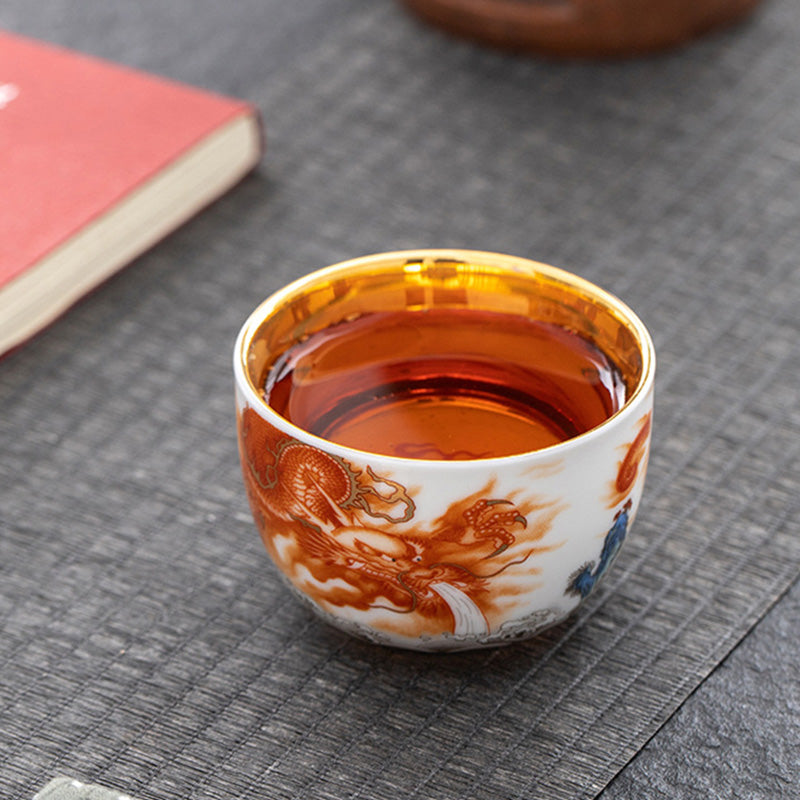 Gilt Ceramic Dragon Phoenix Crane Teacup 170ml Spiritual
