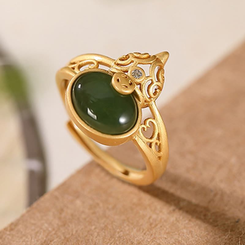 Adjustable Cyan Jade Success & Luck Ring with Copper Coin
