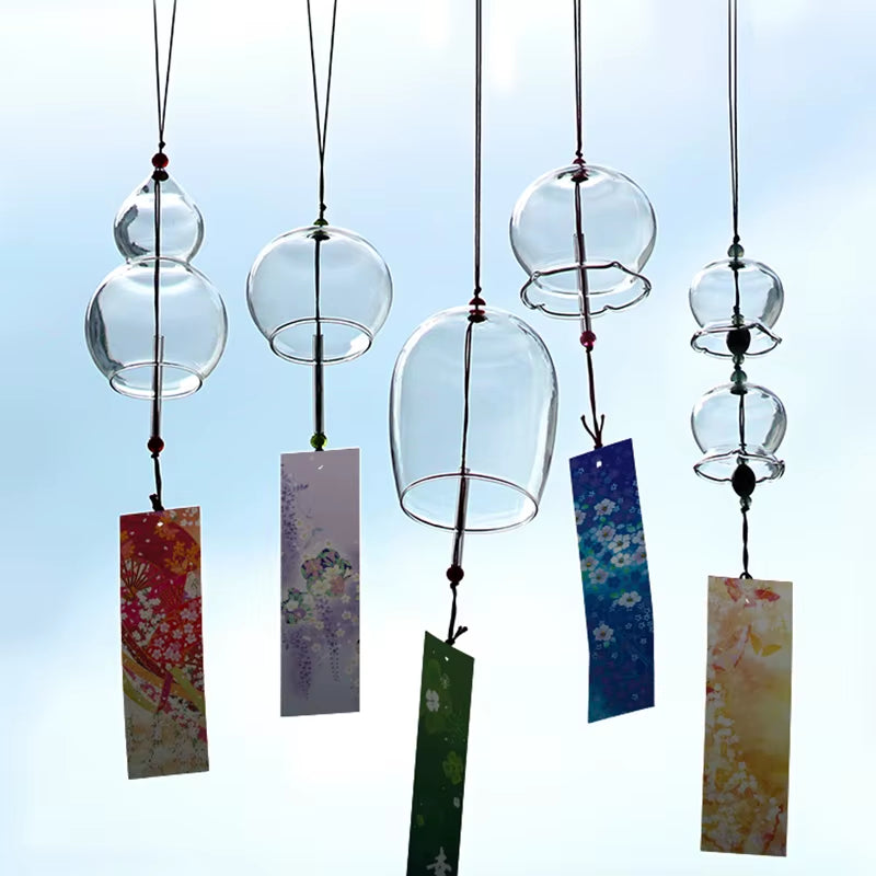 Japanese Glass Wind Chime featuring colorful rectangular tags and bubble-shaped bells