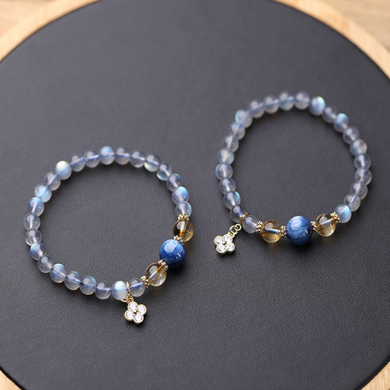 Moonstone Flower Charm Healing Bracelet 6-7mm Beads