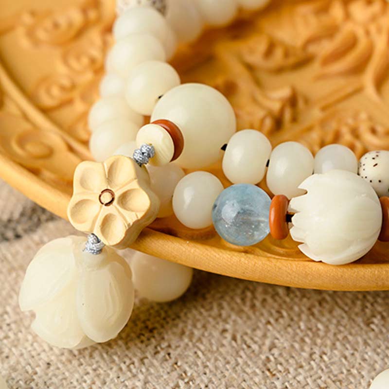 Unisex Lotus Bracelet with White Jade, Bodhi Seed & Blessings