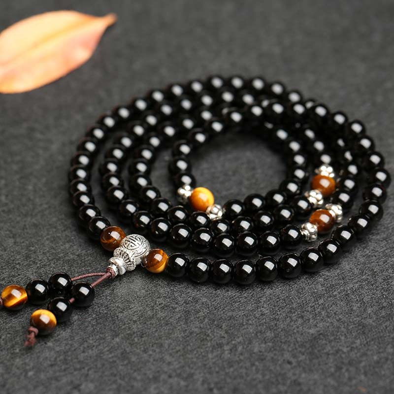 6mm Black Obsidian Tiger Eye Mala Bracelet for Protection
